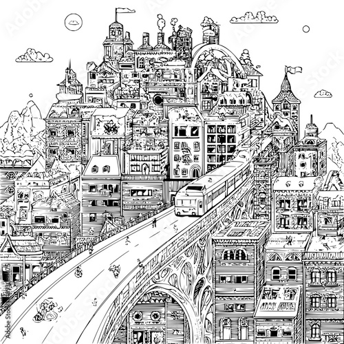 A detailed black and white drawing of a city with a train on a bridge and many buildings visible