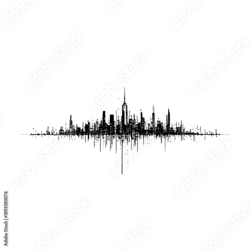 A black and white skyline silhouette of a city with tall buildings and a central spire in a grunge style