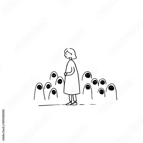 A woman stands surrounded by small ghost like figures with simple line art on a white background drawing style