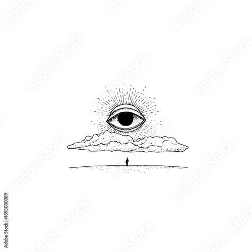 A solitary figure beneath a radiant eye hovering above a cloud in a surreal monochrome landscape scene