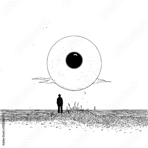 A solitary figure gazes at a colossal eye hovering above a serene landscape in monochrome illustration