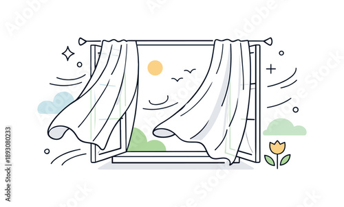 Breezy Curtains Delight. Open window with breeze and curtains. Light curtains gently flowing inward through an open window, expressing fresh air and calm