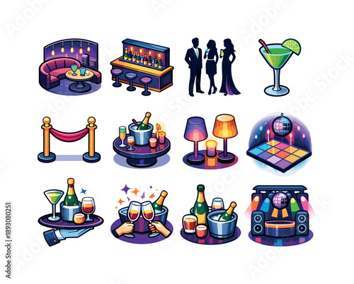 Luxury Nightlife Icons. Luxury Nightlife. Colorful isometric vector icons set of Luxury Nightlife: cocktail lounge scene, glowing bar lights, elegant guests