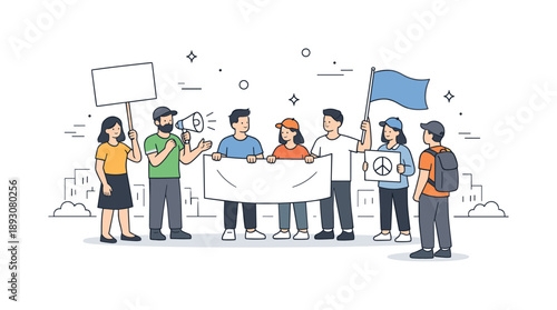 Peaceful Protest Gathering. Protest or rally gathering. Small group meeting in an open public space with banners and flags, organized action and respectful