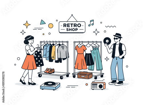 Vintage Store Vibes. Retro clothing store atmosphere. Organized racks of vintage outfits with abstract decorative elements floating around, creating a light