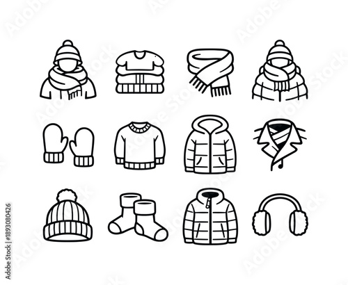 Cozy Winter Icons. Cozy Winter Wear. Line icon set of Cozy Winter Wear: scarf wrapped outfit, winter clothing layers, warm textile accessory, bundled up style,
