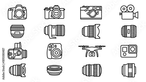 Set of 16 Photography and Videography Equipment Line Icons Featuring DSLR, Mirrorless, Vintage Movie Cameras, Various Lenses, Drone, Action Cam, and Instant Camera in Minimalist Vector Style