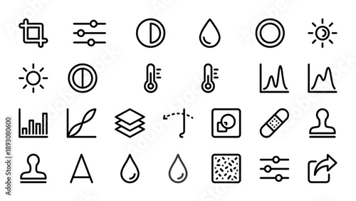 Vector Line Icon Set for Photo Editing and Image Processing Software, Featuring Minimalist Symbols for Crop, Exposure, Contrast, Layers, Retouching, Filters, Curves, Histogram, and Export Tools.