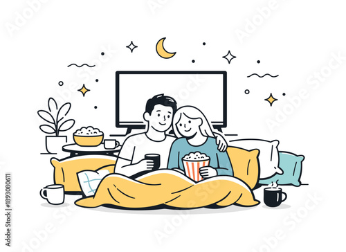 Calm Movie Night. Relaxing movie time. A clean illustration of people focused on a film, surrounded by calm environment cues like pillows, blankets, and dim