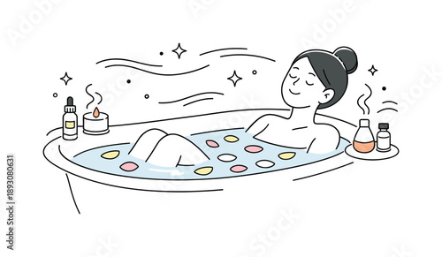 Relaxing Bath Scene. Calming post-exercise bath. Person reclining in water with floating petals and essential oils, enjoying a moment of mindful relaxation.