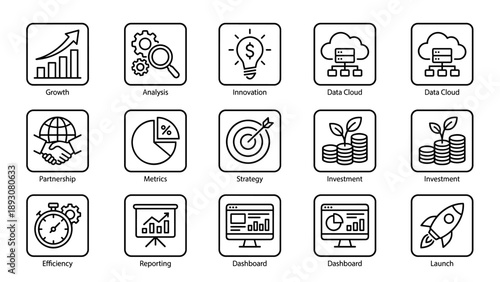 Minimalist Business Growth and Analytics Icon Set featuring Growth, Analysis, Innovation, Data Cloud, Partnership, Metrics, Strategy, Investment, Efficiency, Reporting, Dashboard, and Launch.