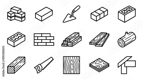 Set of 15 Minimalist Building Material Line Icons Including Bricks, Wood Planks, Lumber, Cinder Blocks, Trowel, and Saw; Isometric Vector Illustration for Construction, Architecture, and DIY.