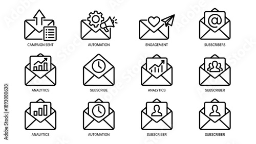 Minimalist Vector Line Icon Set for Email Marketing Campaigns. Includes Icons for Automation, Analytics, Engagement, Subscribers, and Campaign Management. Clean Black and White Graphic Elements.