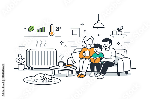 Cozy Home Comfort. Home heating system. A cozy interior scene with a family home and a modern radiator quietly working, calm comfort and warmth filling the