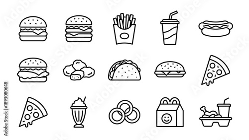 Vector Set of Fast Food Line Icons Featuring Burgers, French Fries, Pizza, Tacos, Hot Dogs, Soda, Milkshakes, and Fried Chicken; Minimalist Black Outline Symbols on a Clean White Background