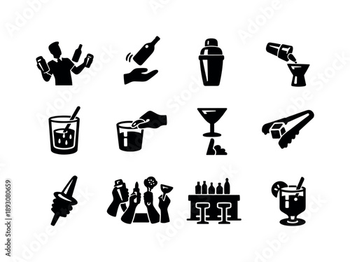 Bartending Icons Collection. Bartending Skills. Solid icon set of Bartending Skills: flair bartender, bottle flip, cocktail shaker, jigger pour, mixing glass,