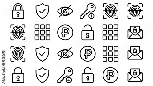 Minimalist vector set of security and password protection line icons. Includes fingerprint biometrics, padlocks, shields, keys, and secure email icons for digital safety and authentication.