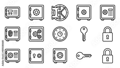 Vector Set of Safe Box and Vault Line Icons in Minimalist Style. Features Digital Safes, Combination Locks, Fingerprint Scanners, Vault Doors, Keys, and Padlocks for Security and Asset Protection.