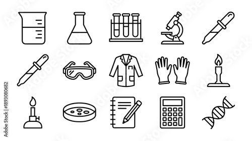 Minimalist laboratory equipment and science research line icon set featuring a microscope, beaker, flask, test tubes, DNA helix, lab coat, safety goggles, and Bunsen burner on white background.