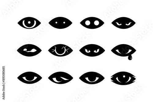 Lonely Eyes Icons. Lonely Eyes. Solid icon set of Lonely Eyes: isolated eyes, distant pupils, empty stare, cold eyes, mist covered eyes, cracked soul gaze,
