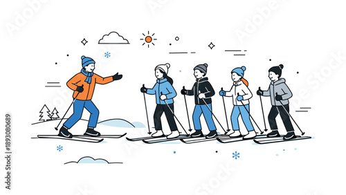 Ski Lesson Serenity. Group cross-country skiing lesson. An instructor demonstrating technique while others follow on skis. Supportive guidance and focused