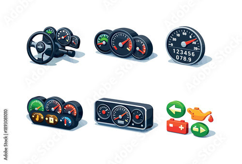 Analog Driving Icons. Analog driving. Isometric flat vector icons set of Analog driving: steering column gauges, dashboard needle cluster, mechanical speed