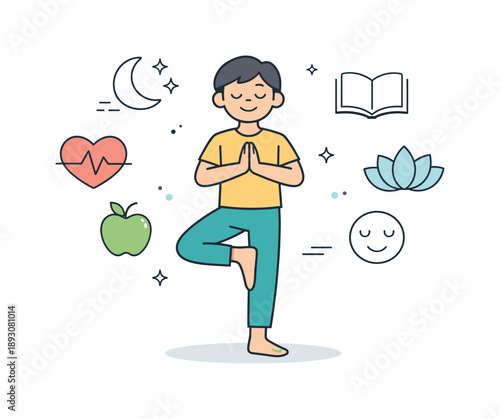 Balanced Wellness Scene. Wellness Concept. A relaxed character standing in balance with simple icons of body and mind floating nearby, suggesting harmony and