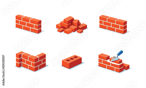Colorful Brick Icons. Construction bricks. Isometric flat vector icons set of construction bricks: brick wall section, pile of bricks, brick wall with joint