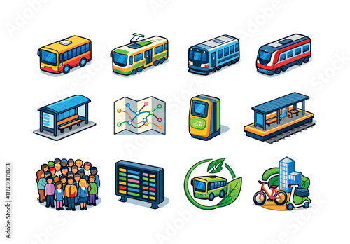 Colorful Transit Icons. Public transportation. Colorful isometric vector icons set of Public transportation: city bus, tram train, subway car, commuter train,