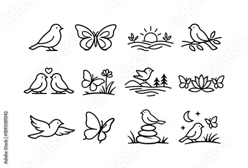 Calm Nature Icons. Peaceful Birds and Butterflies. Line icon set of Peaceful Birds and Butterflies: calm bird silhouette, butterfly symmetry wings, tranquil
