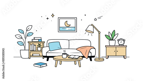 Minimalist Dusk Living Room. Peaceful home interior at dusk. A minimal living room with lamp, plants, books, and a relaxed atmosphere. Decorative calmness and