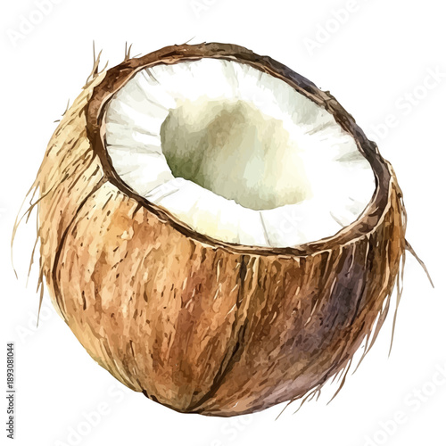 Coconut, watercolor illustration featuring soft shadows and luminous, isolated on a white background.