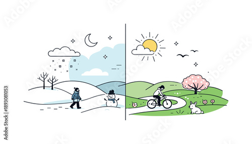 Winter Meets Spring. Seasonal split landscape winter to spring. Minimal hills divided into snowy and green sections, with clouds and sun transitioning across