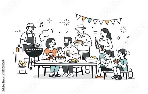 Backyard BBQ Bliss. Weekend BBQ vibe. Friends and family sharing food and conversation in a backyard setting with a grill and simple furniture. Friendly,