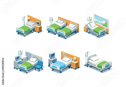 Hospital Room Icons. Hospital room. Isometric flat vector icons set of Hospital room: hospital bed in private room, double patient bed setup, hospital bed near