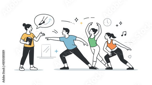 Dance Rehearsal Collaboration. Dance rehearsal teamwork. Choreographer guiding dancers through movements. Clear instruction and collaborative learning.