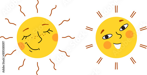 Cute cartoon sun characters set: smiling and sleeping sun faces isolated on white background. Children's vector illustration on isolated white background.