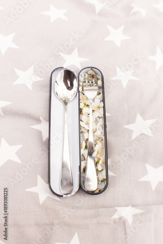 Metal spoon and fork in protective case for picnic