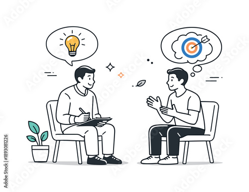 Coach-Client Dialogue. Coaching philosophy one-on-one session. A focused yet friendly scene of a coach listening attentively while a client speaks, speech