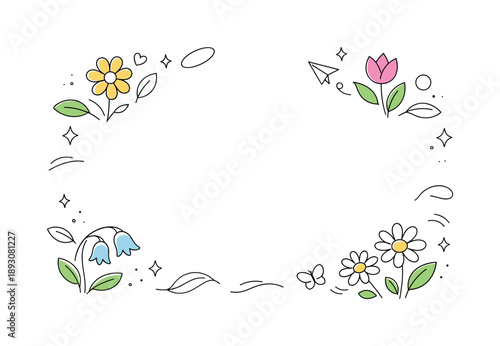 Spring Abstract Banner. Spring social media banner. A light abstract scene with blooming flowers, soft leaves and floating shapes framing empty space for text.