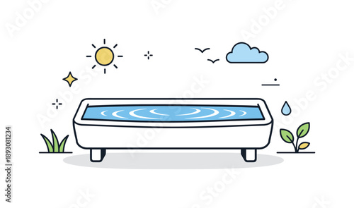 Animal Water Trough. Water source for animals. A trough with gentle ripples shows fresh water availability, symbolizing care, sustainability, and wellbeing.