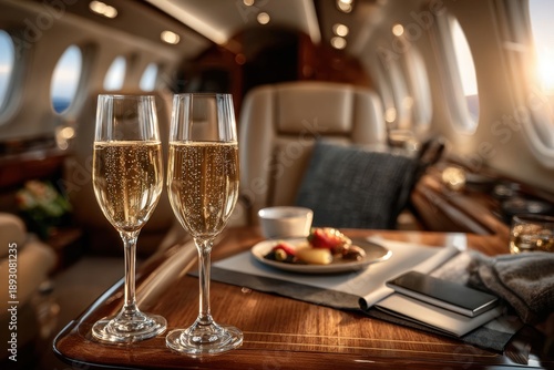 Two champagne flutes filled with sparkling beverage on a wooden table inside a luxury private jet cabin with plush seating and large windows. Corporate and lifestyle design projects concept