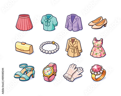Elegant Spring Icons. Elegant Spring. Colorful isometric vector icons set of Elegant Spring: pleated skirt, silk blouse, pastel blazer, kitten heels, clutch