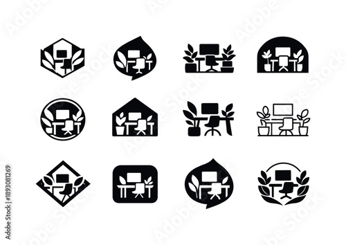 Workspace Logo Variations. Personalized workspace. Icon set. Set Logo of Personalized workspace: workspace with plants. harmonious logo variations of the same