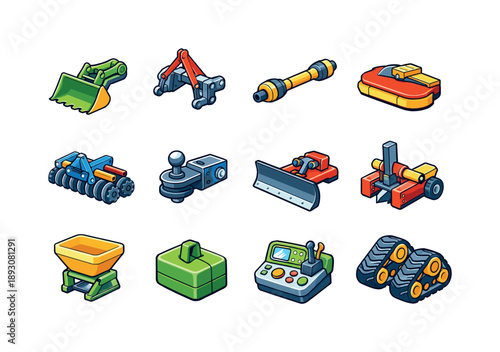 Tractor Tools Icons. Tractor Tools. Colorful isometric vector icons set of Tractor Tools: front loader, rear hitch, PTO shaft, mower attachment, disc harrow,