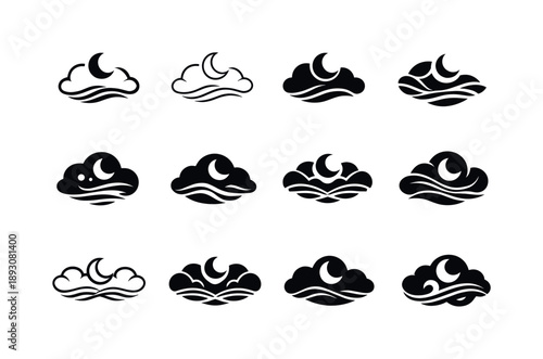 Sleep Sound Icons. Relaxing sounds for sleep. Icon set. Set Logo of relaxing sounds for sleep: drifting cloud curve. harmonious logo variations of the same
