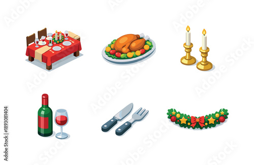 Holiday Dinner Icons. Holiday Dinner Table. Isometric flat vector icons set of Holiday Dinner Table: festive table setup, roast dish platter, candle holders,
