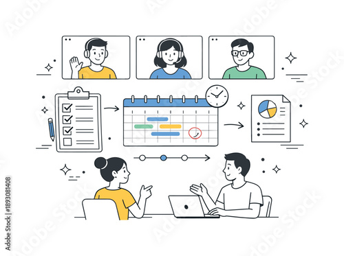 Remote Team Collaboration. Video conference planning. Small remote team discussing tasks and timelines with checklists and calendars on screen, organized