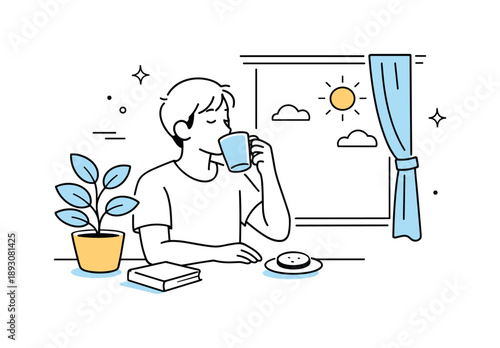 Morning Coffee Tranquility. Everyday morning routine. Person sipping coffee by the window with soft light and a plant nearby, enjoying a quiet start to the