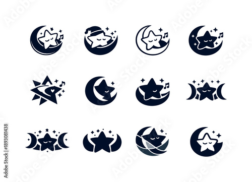 Lullaby Star Logos. Relaxing sounds for sleep. Icon set. Set Logo of relaxing sounds for sleep: lullaby star motif. harmonious logo variations of the same